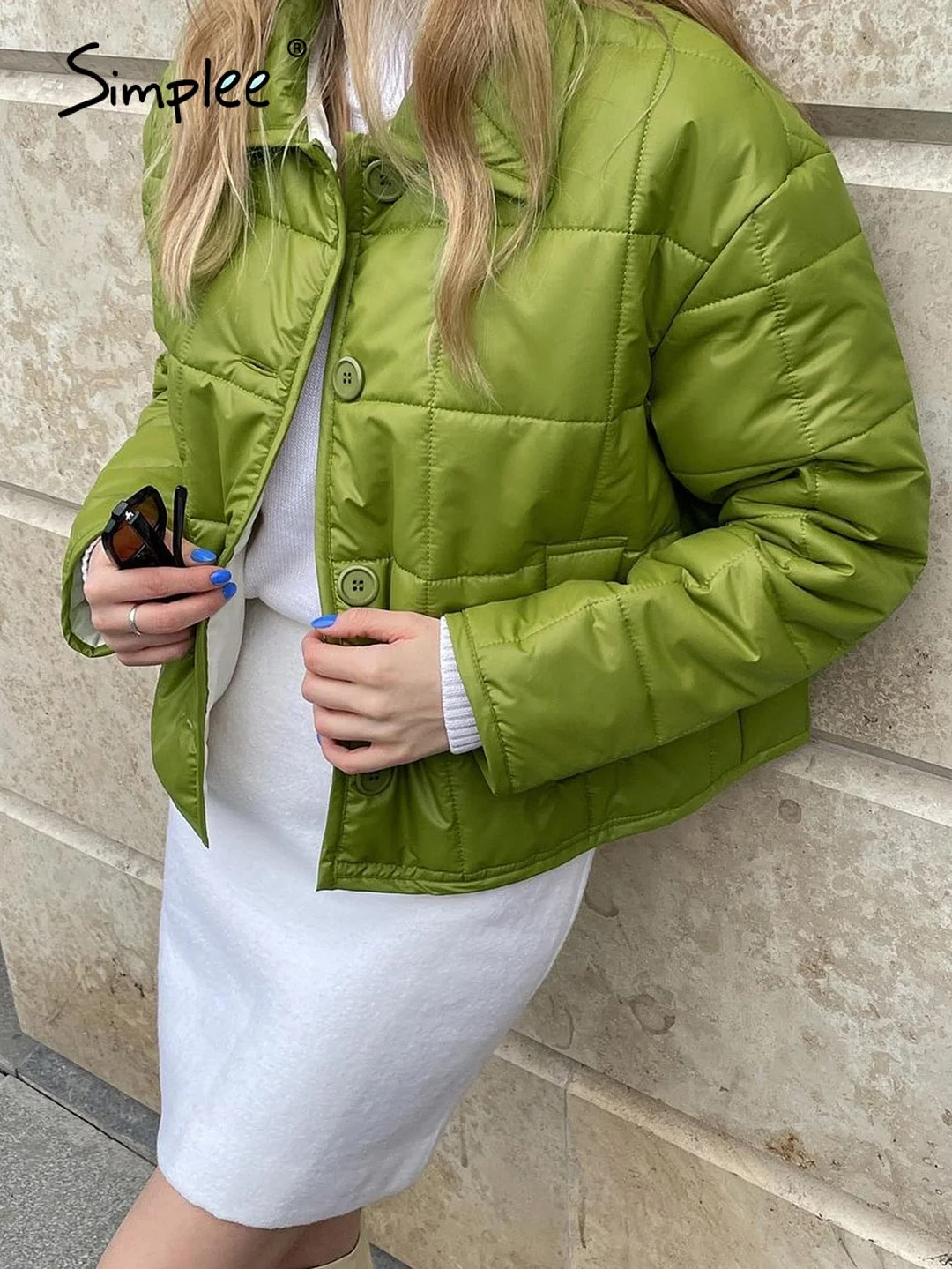 Simplee Green pocket lapel women short winter parkas Casual idyllic style warm quilted coat 2021  Office fashion puffer jackets