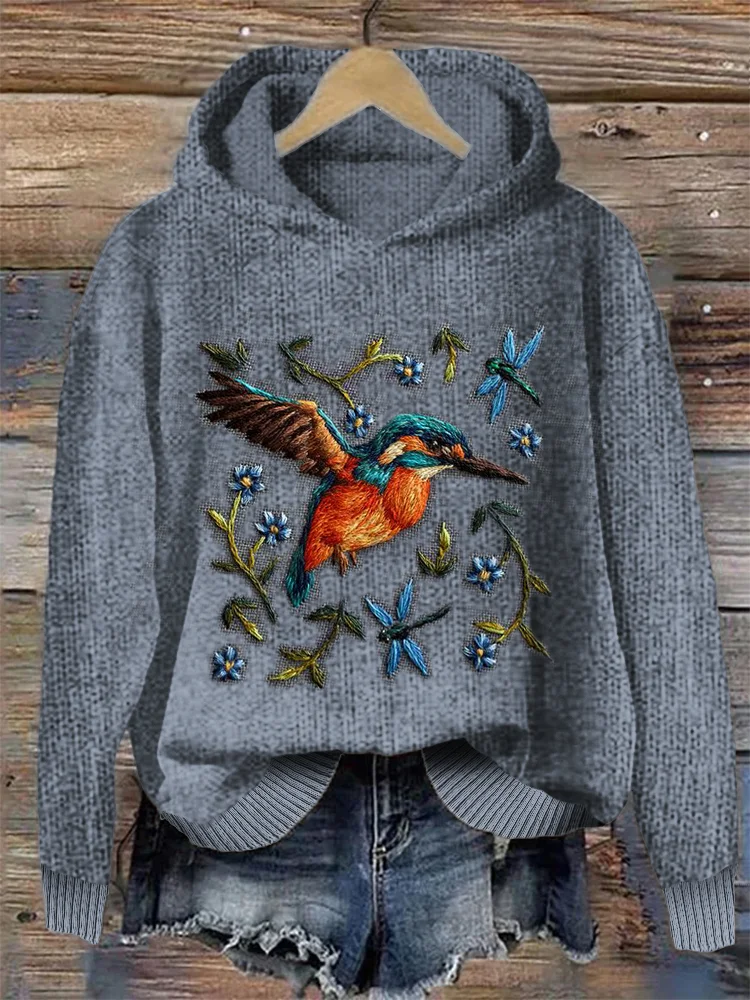 VChics Hummingbird & Dragonflies Floral Embroidery Knit Hoodie