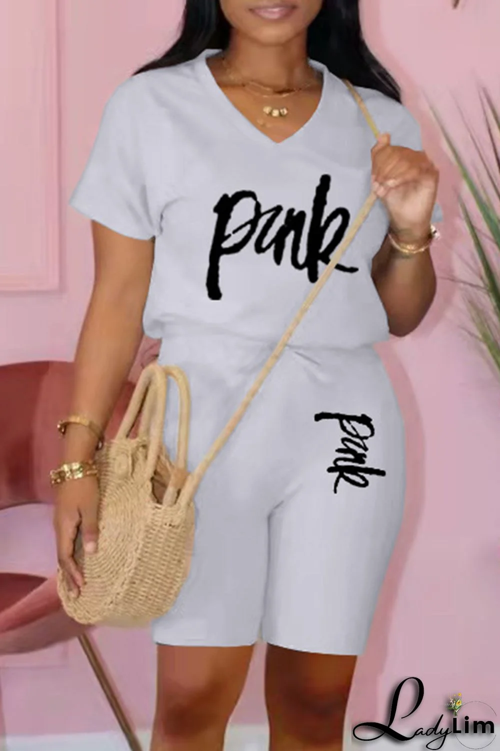 Black Fashion Casual Letter Print Basic V Neck Short Sleeve Two Pieces