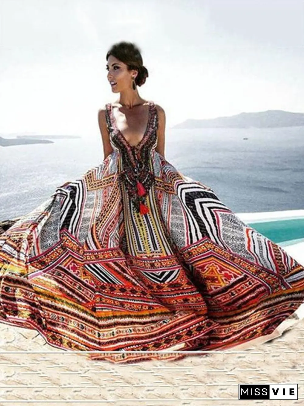 New Vintage Women's Boho Floral V Neck Long Maxi Dress Summer Beach Party Sundress