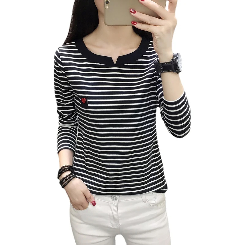 2024 Spring O-neck Loose Patchwork Striped T-Shirt Casual Long Sleeve Slim Basic Cotton Tops Women's Clothing Blusas Femme 13393
