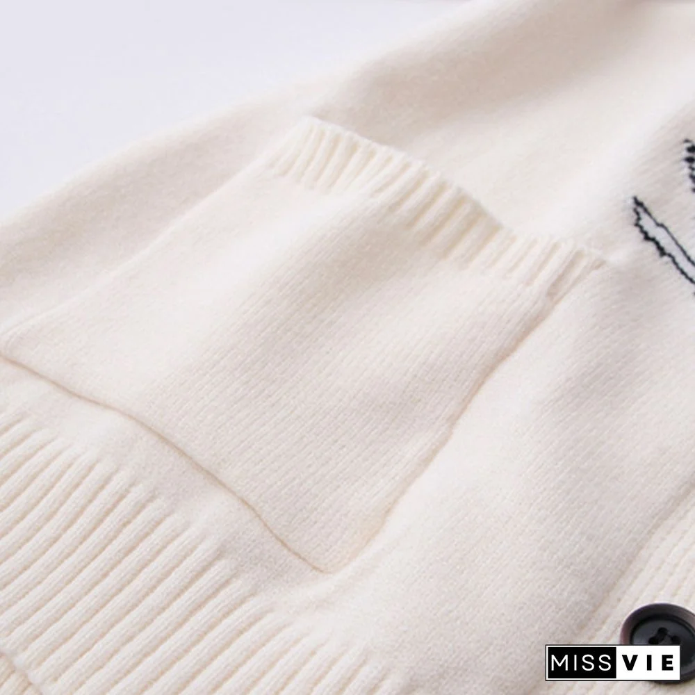 Cartoon Cat Print Cardigan Sweater Shirt Denim Pants Set