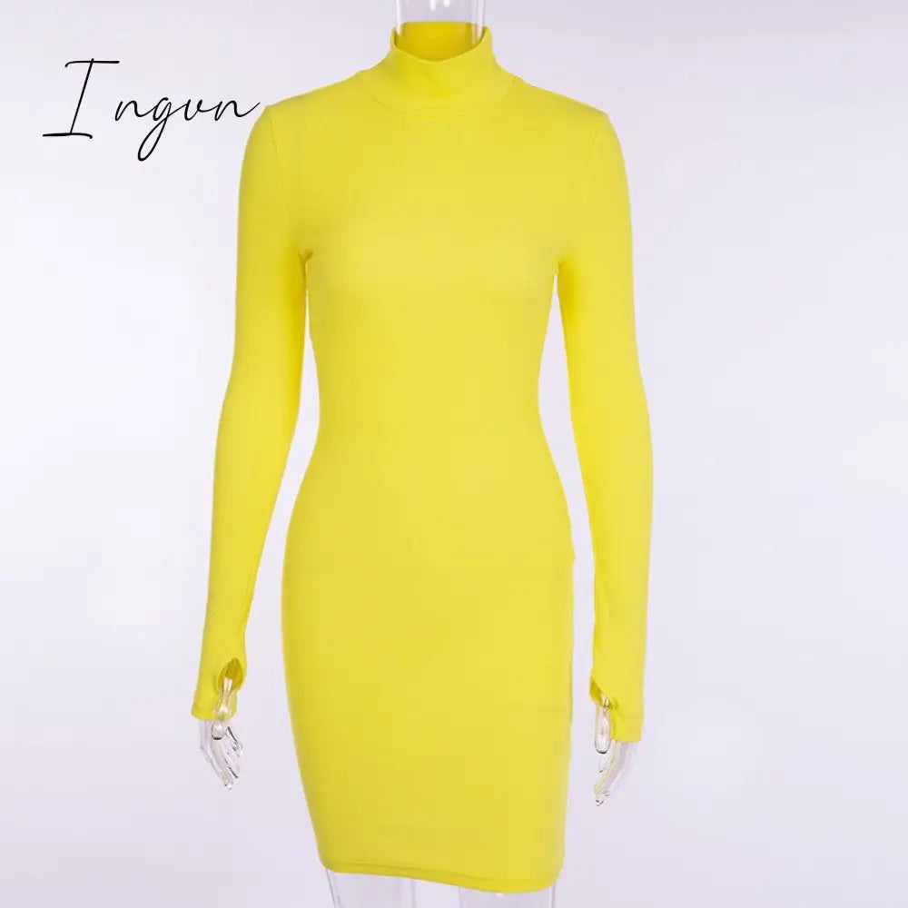 Ingvn - Autumn Long Sleeve Bottom Dress For Women High Collar Temperament Solid Color Bodycon Mini
