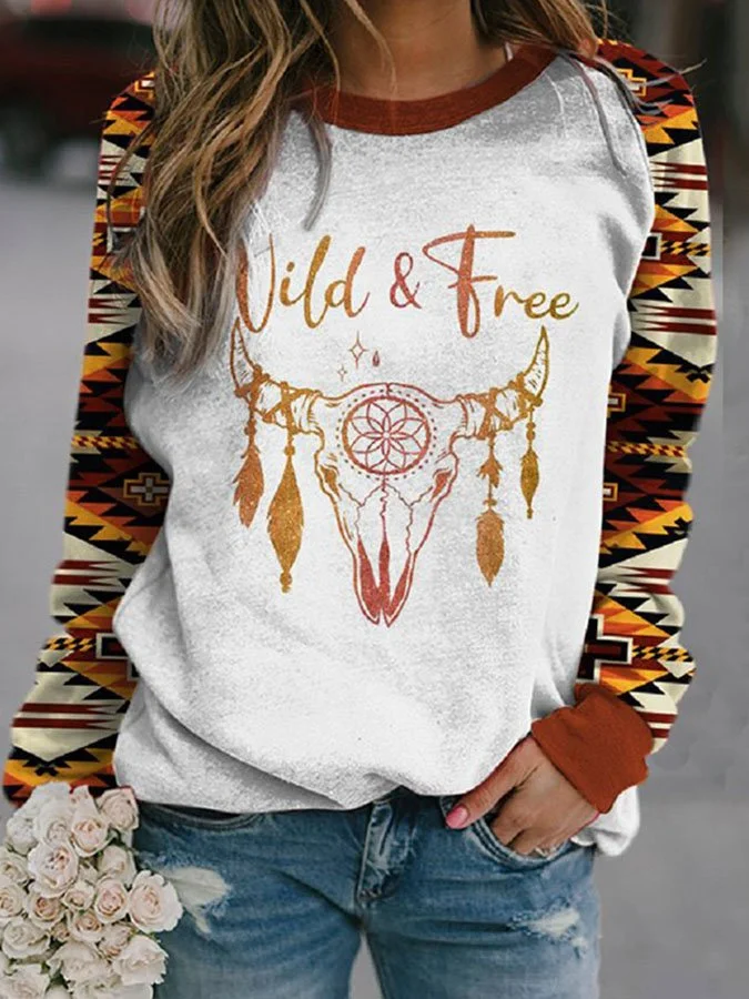 Western Geometric Print Long Sleeve Casual Sweatshirt
