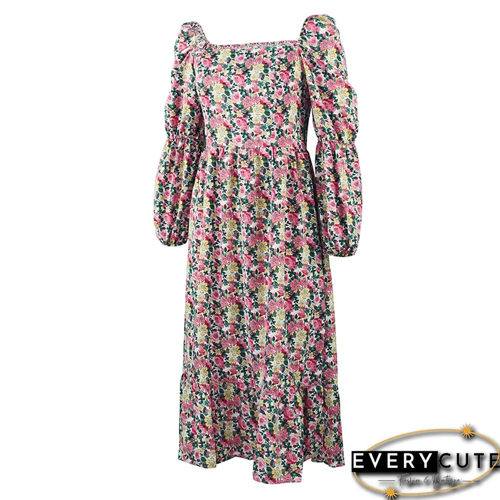 Red Square Collar Swing Floral Dress