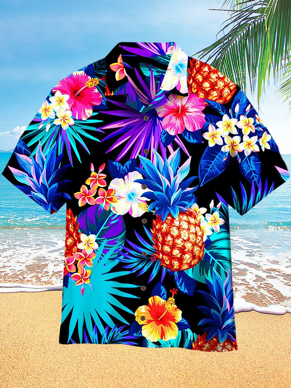 Tropical Neon Floral Hawaiian Men's Short Sleeve Cuban Collar Shirt ​ PLUSCLOTHESMAN