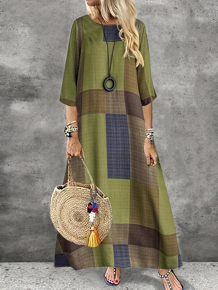 Vintage Geometric Print Women's Maxi Dress - Olive Green, Brown, And Beige Patchwork Design, Round Neck, Half Sleeves, Lightweight Polyester Blend, Casual To Chic Style, Comfortable Outfit | Retro Geometric Dress | Earth Tone Design, Cute Dress
