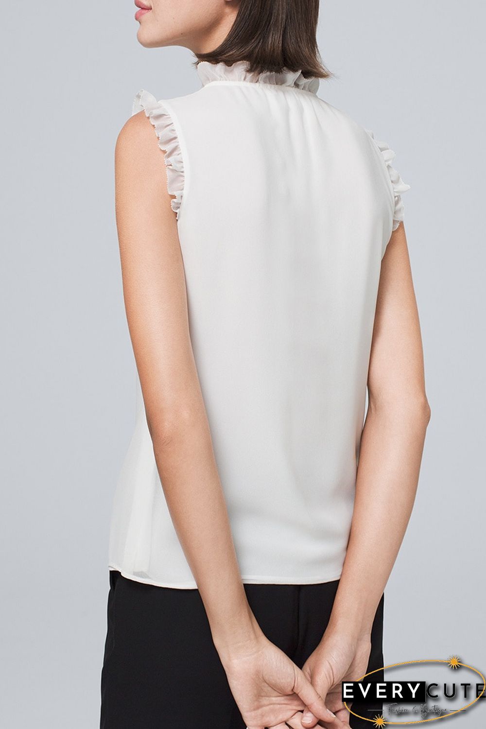 White Solid Color V Neck Frill Trim Tank Top