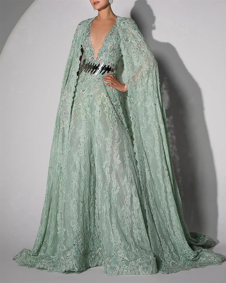 Elegant embroidered sequin lace cape gown
