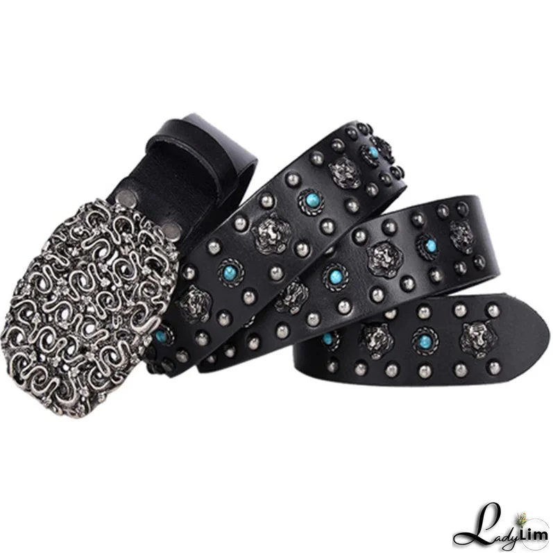 Western Style High quality western snake design buckle men's leather belt fashion jeans punk style belt willow nail retro snake buckle belt