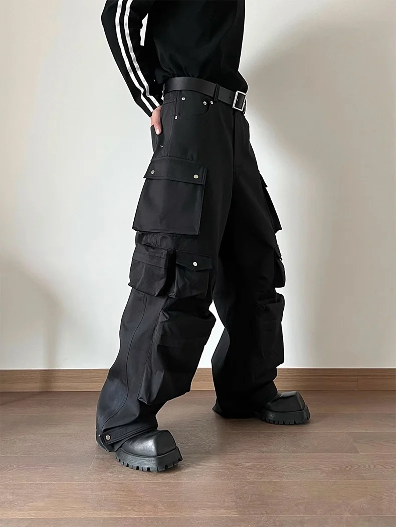 Aonga Spring Autumn Cool Black Wide Leg Cargo Pants Multi Pockets Long Techwear Clothes Handsome Trousers Streetwear 2023 aonga