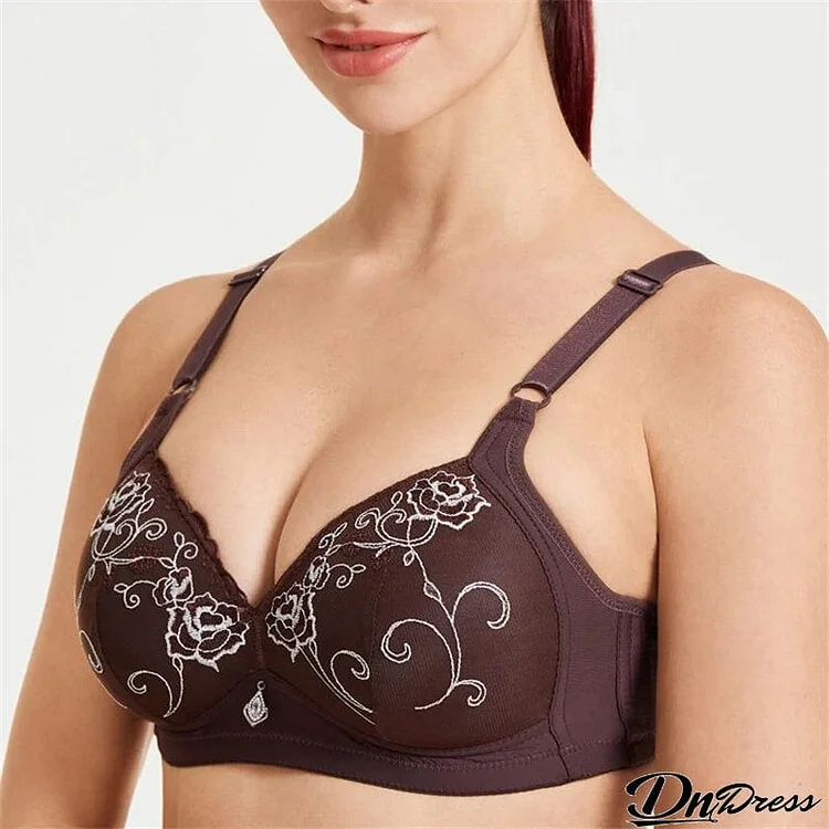 Women's Wireless Floral Embroidered Comfy Bras - Coffee