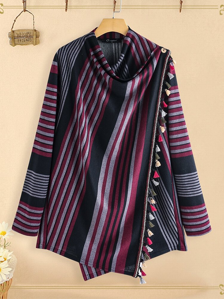 Stripe Tassel Wrap Cowl Neck Knit Shawl Plus Size Cardigan
