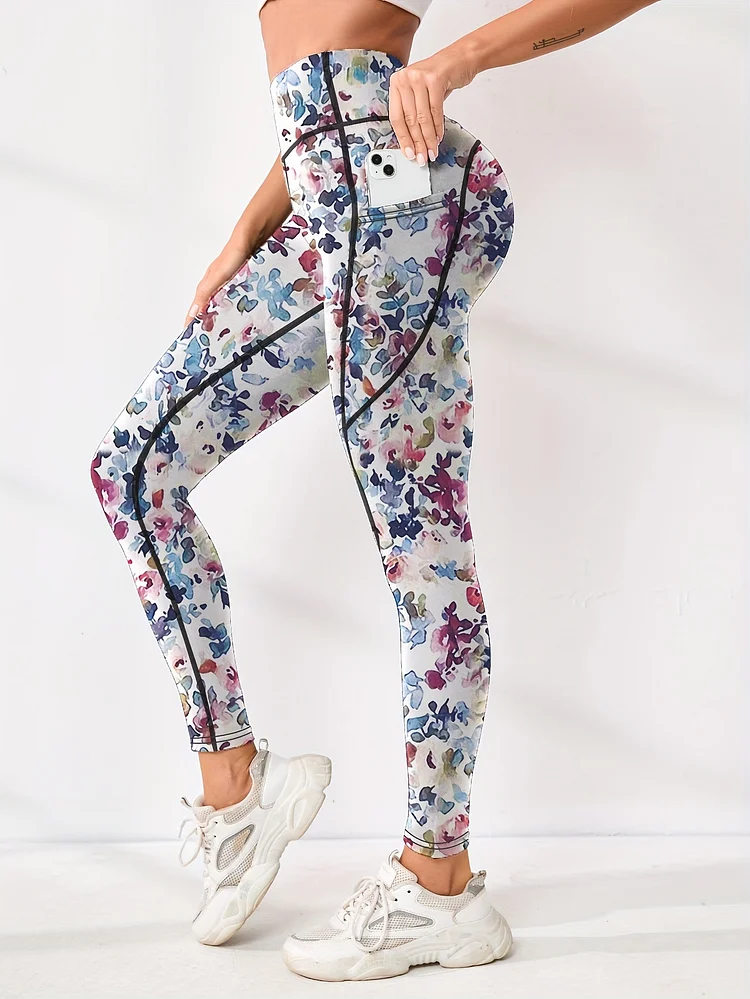 Women's High-Waisted Yoga Leggings With Floral Print - Super Stretchy, Butt-Lifting Design For Yoga, Running & Dance - Stylish Workout Pants With Pockets, Yoga Pants, Durable Sportswear