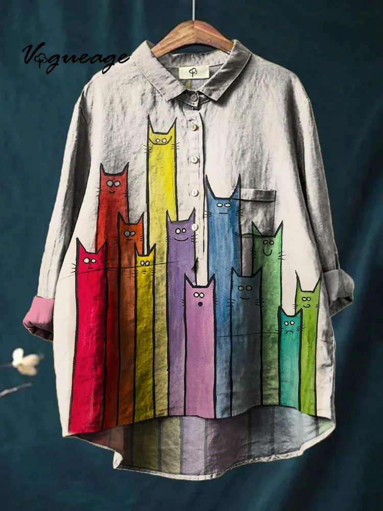 Simple Interesting And Funny Colorful Long Cat Print Cotton And Linen Shirt