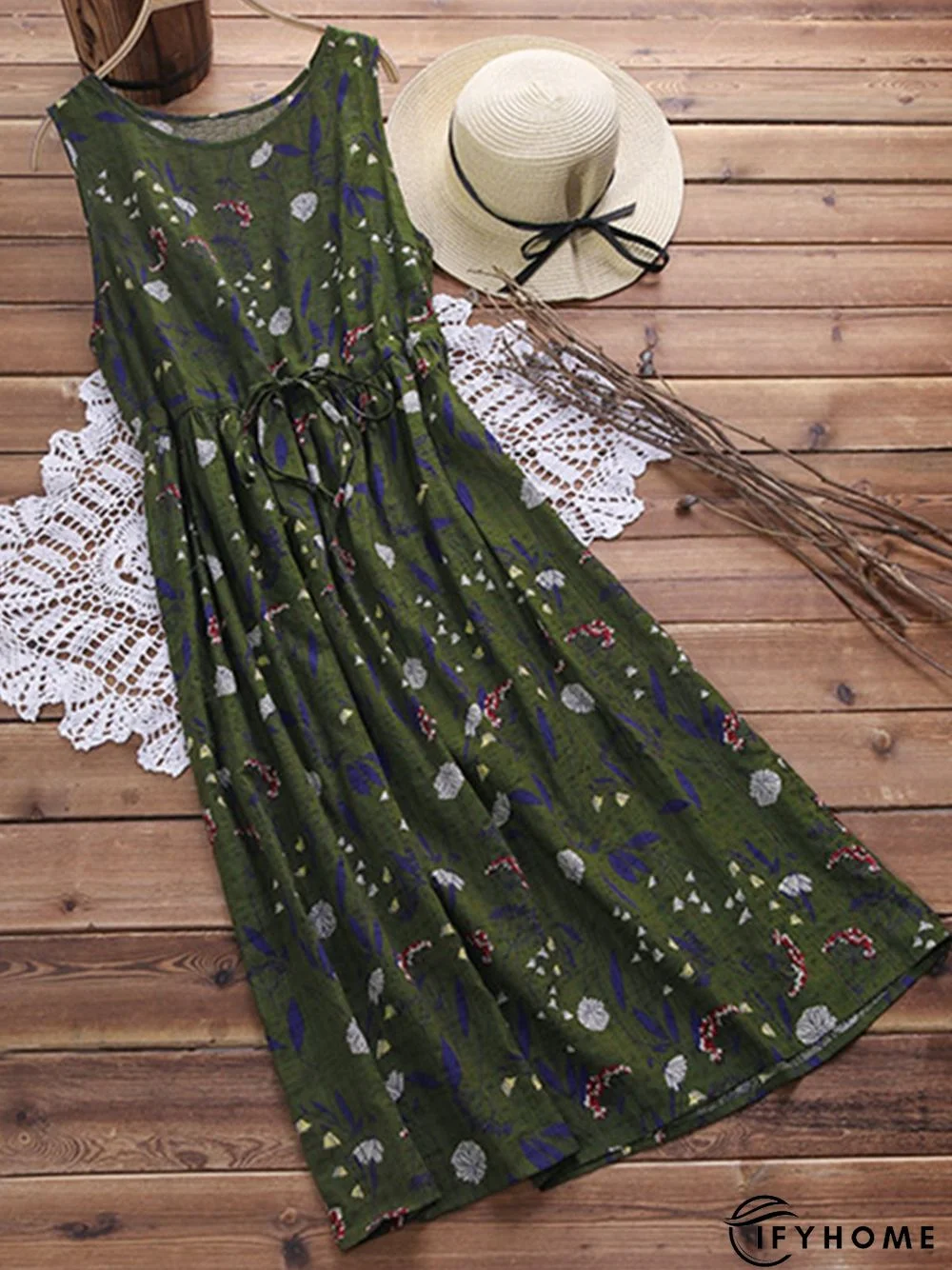 Women Summer Sleeveless Vintage Floral Midi Women Dress | IFYHOME