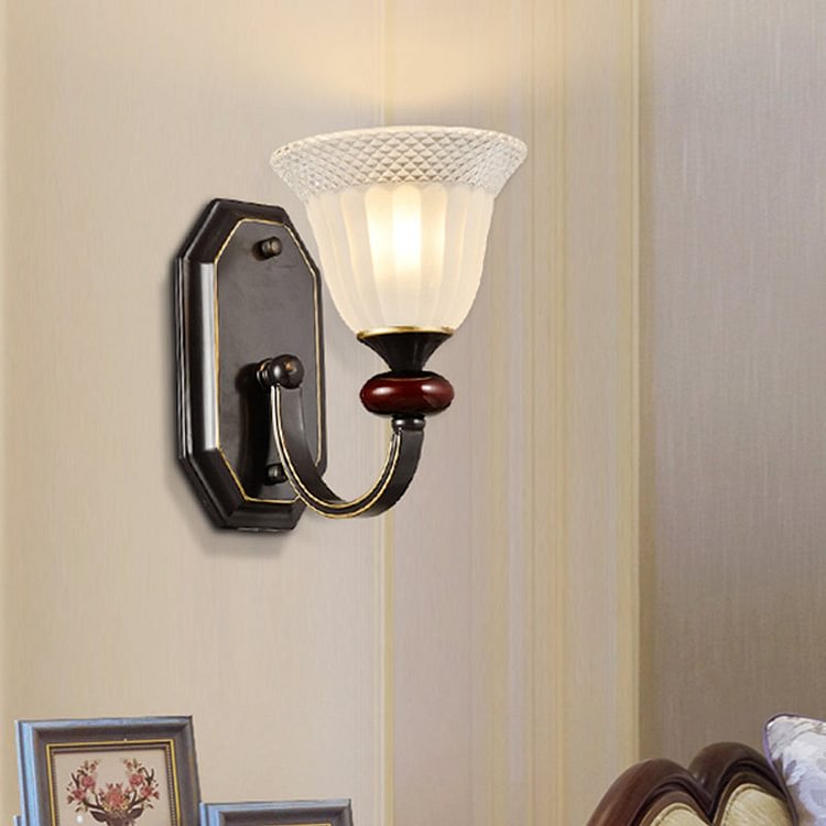 Metal Black Wall Mounted Light Curved Arm 1/2-Light Countryside Wall Lighting Fixture with Bell Clear Glass Shade