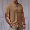 Camicia da uomo a maniche corte in cotone e lino con collo alto e bottoni