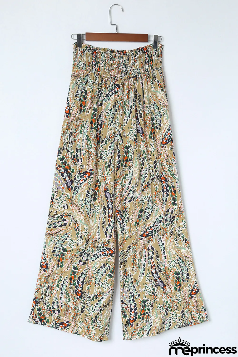 Multicolor Floral Print Shirred High Waist Wide Leg Casual Pants