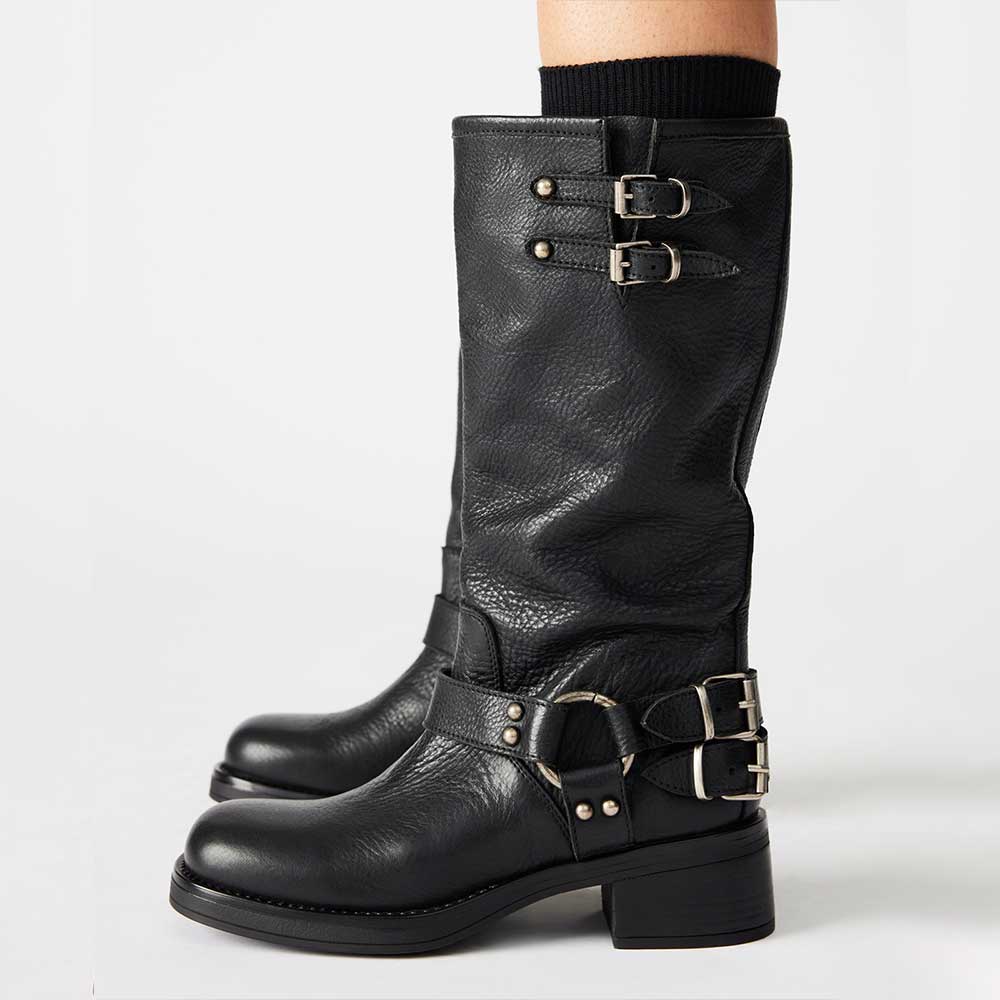 Black Vegan Leather Round Toe Buckle Strap Mid-Calf Moto Boots Nicepairs