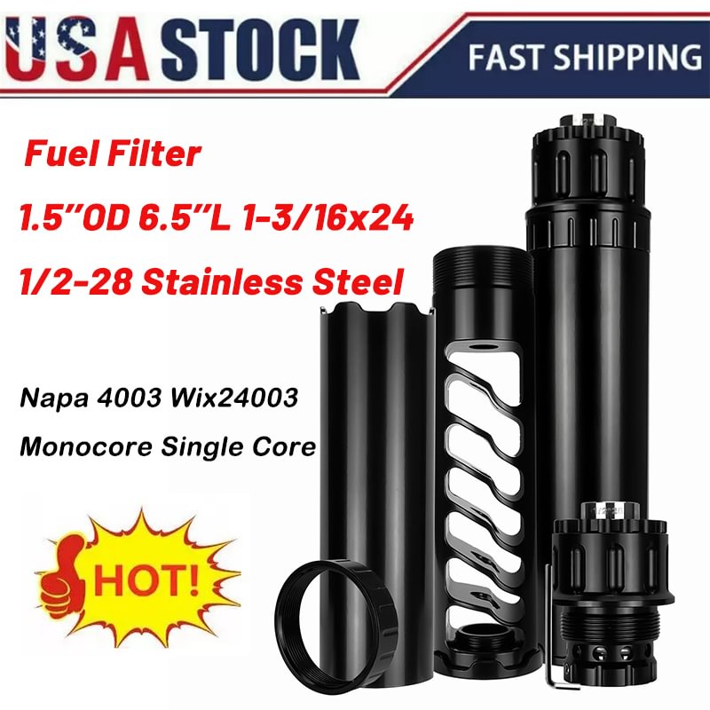 USA STOCK  Napa 4003 Fuel Filter 1.5''OD 6.5''L 1-3/16x24 Monocore Single Core 1/2-28 Solvent Trap with 1/2-28 Stainless Steel Booster Liberty Centurion Assembly Wix24003