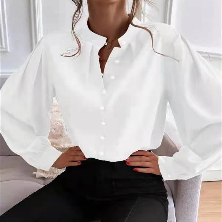 Fashion Elegant Women's Buttons Stand Collar Shirts Spring Casual Solid Color Long Sleeves Slim Straight Cardigan Office Blouses