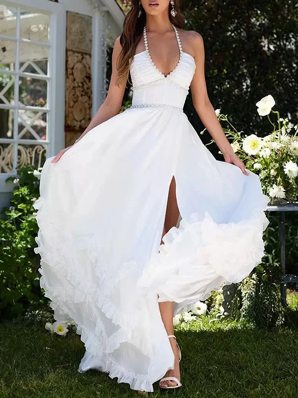 White Color Euffled Sleevless Spaghetti-Neck Split-Side Maxi Dresses