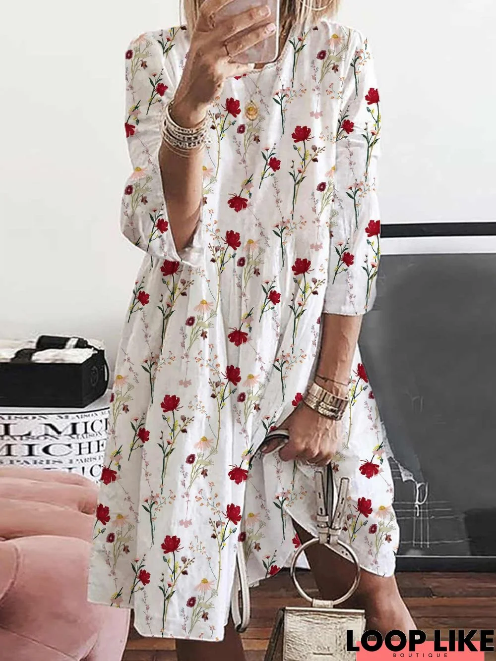 Casual Crew Neck  Floral Loose Three Quarter Dress