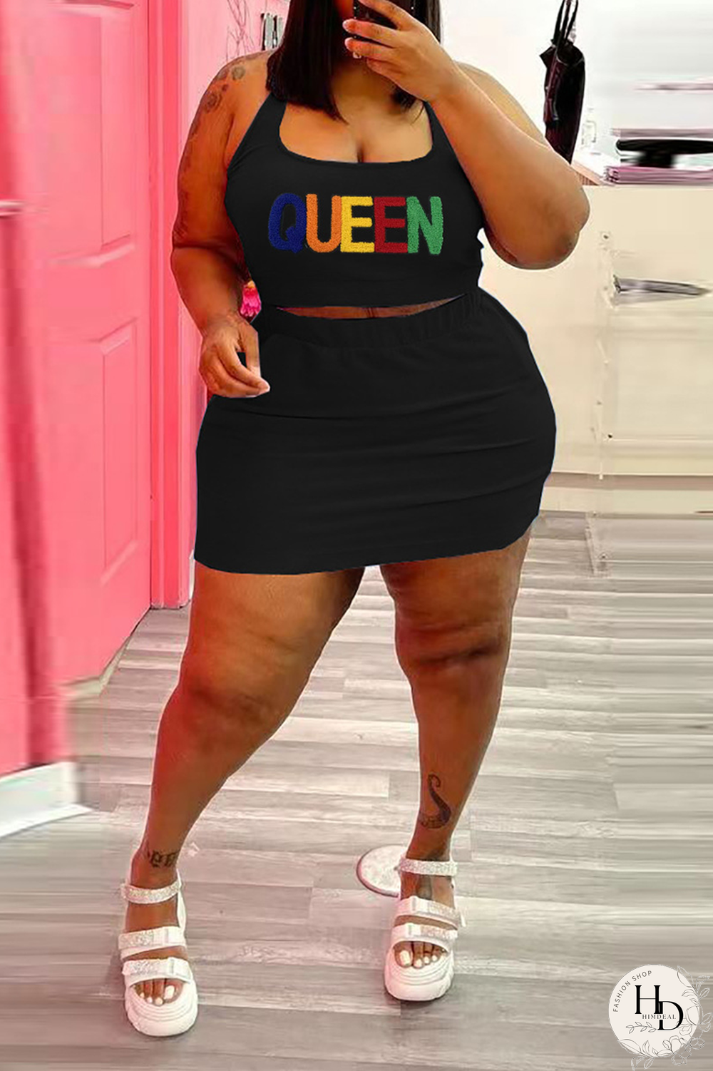 Black Casual Print Split Joint U Neck Pencil Skirt Plus Size Two Pieces