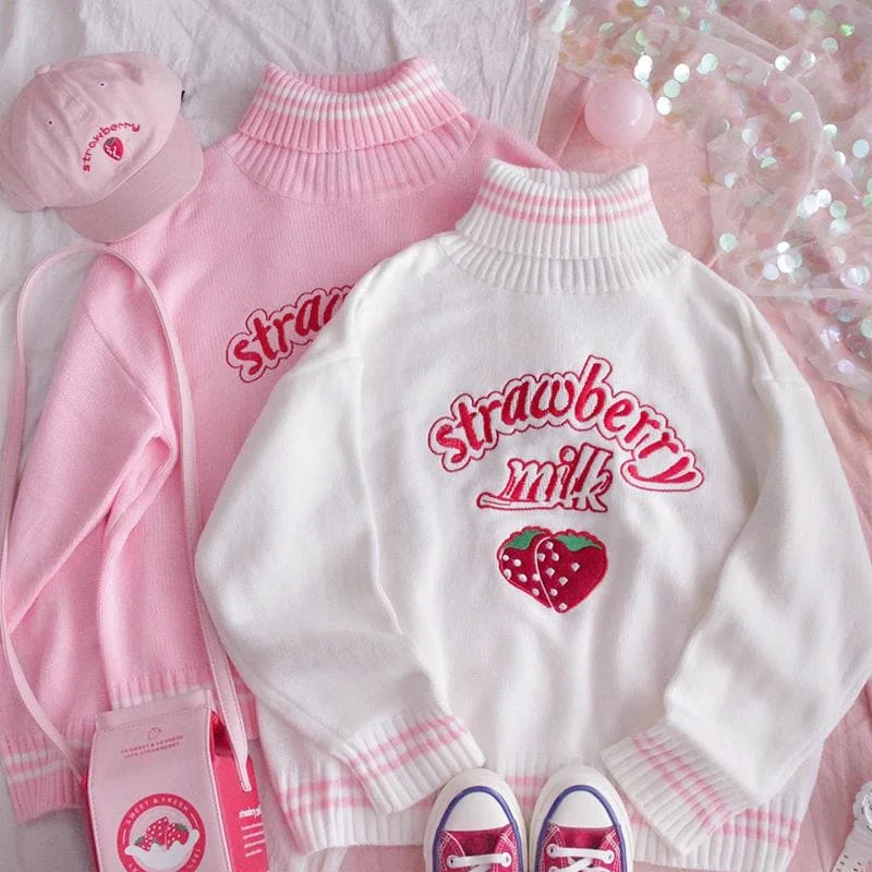 SpreePicky Sweet Strawberry Milk Turtleneck Pullover Sweater SP14838