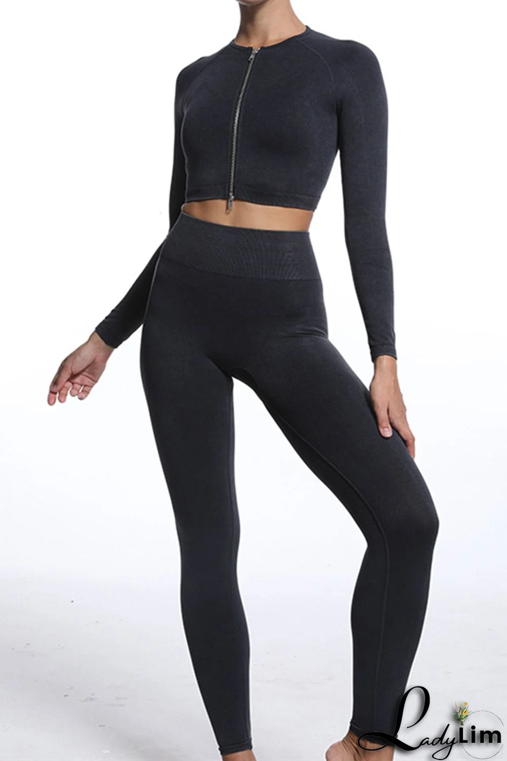 Blue Gray Casual Sportswear Solid Patchwork Zipper Long Sleeve Top And Trousers Two Piece Set