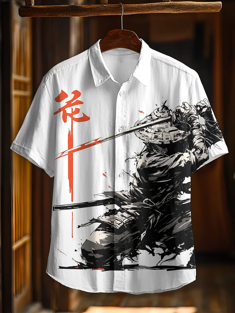 Men's Japanese Art Swordsman Print Short Sleeve Shirt