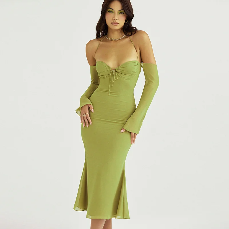 Uveng Uveng High Waist Hanging Neck Sexy Back Solid Color Slim Fish Tail Temperament Dress Long Sleeves