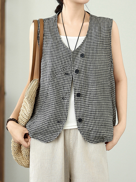 Plaid Pattern Sleeveless Single Row Button V Neck Vest