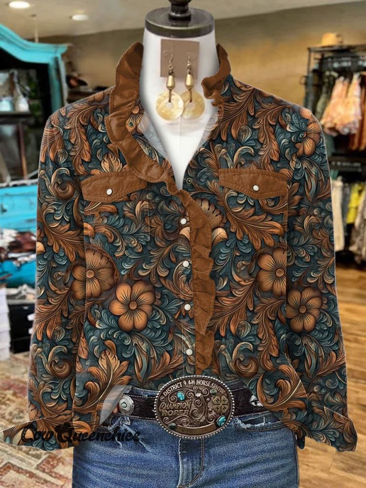 Women’s Vintage Flower Art Print Casual Long Sleeve Comfortable Cotton Shirt Multicolor / S
