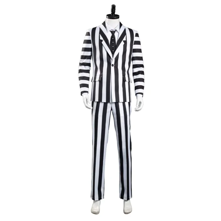 Beetlejuice Men Black and White Striped Suit Jacket Shirt Pants Outfit Adam Halloween Carnival Costume Cosplay Costume