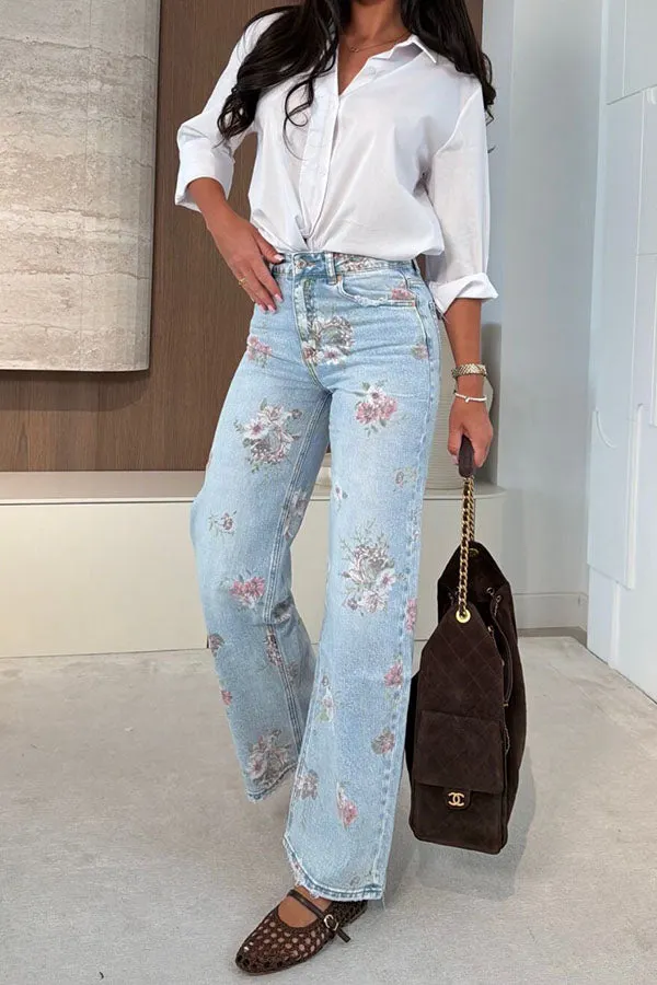 Darling Day Denim Colorful Floral Print High Rise Pocket Straight Leg Jeans