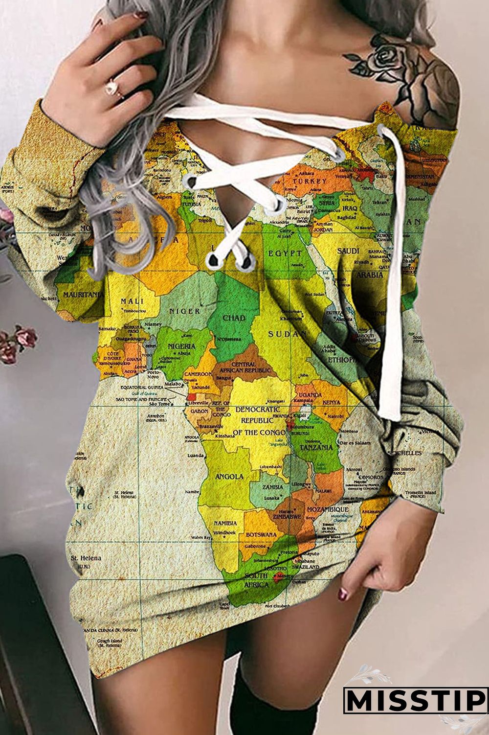The cowboy blue Casual Street Print Bandage Patchwork V Neck Dresses