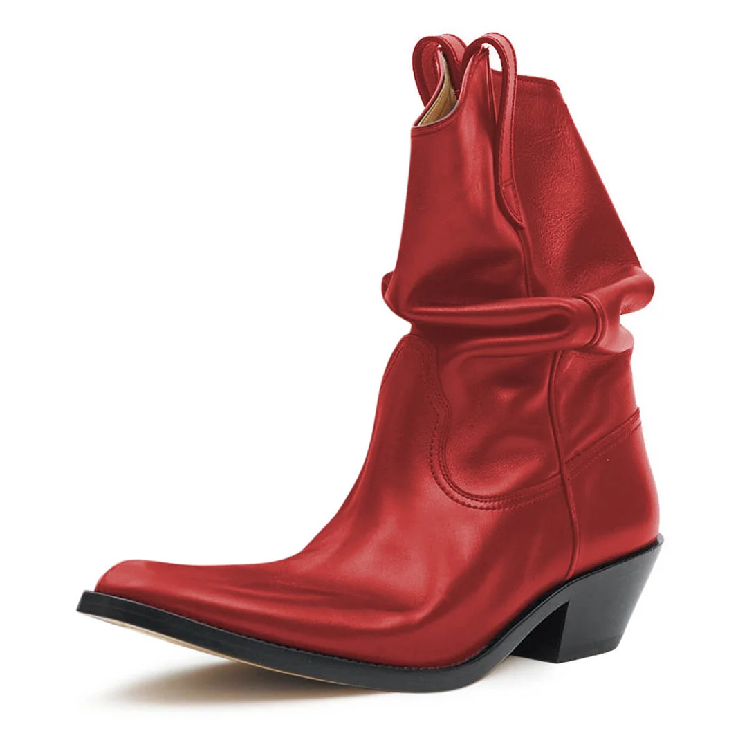 Vegan Leather Almond Toe Side Loops Silhouette Shiny Boots in Red