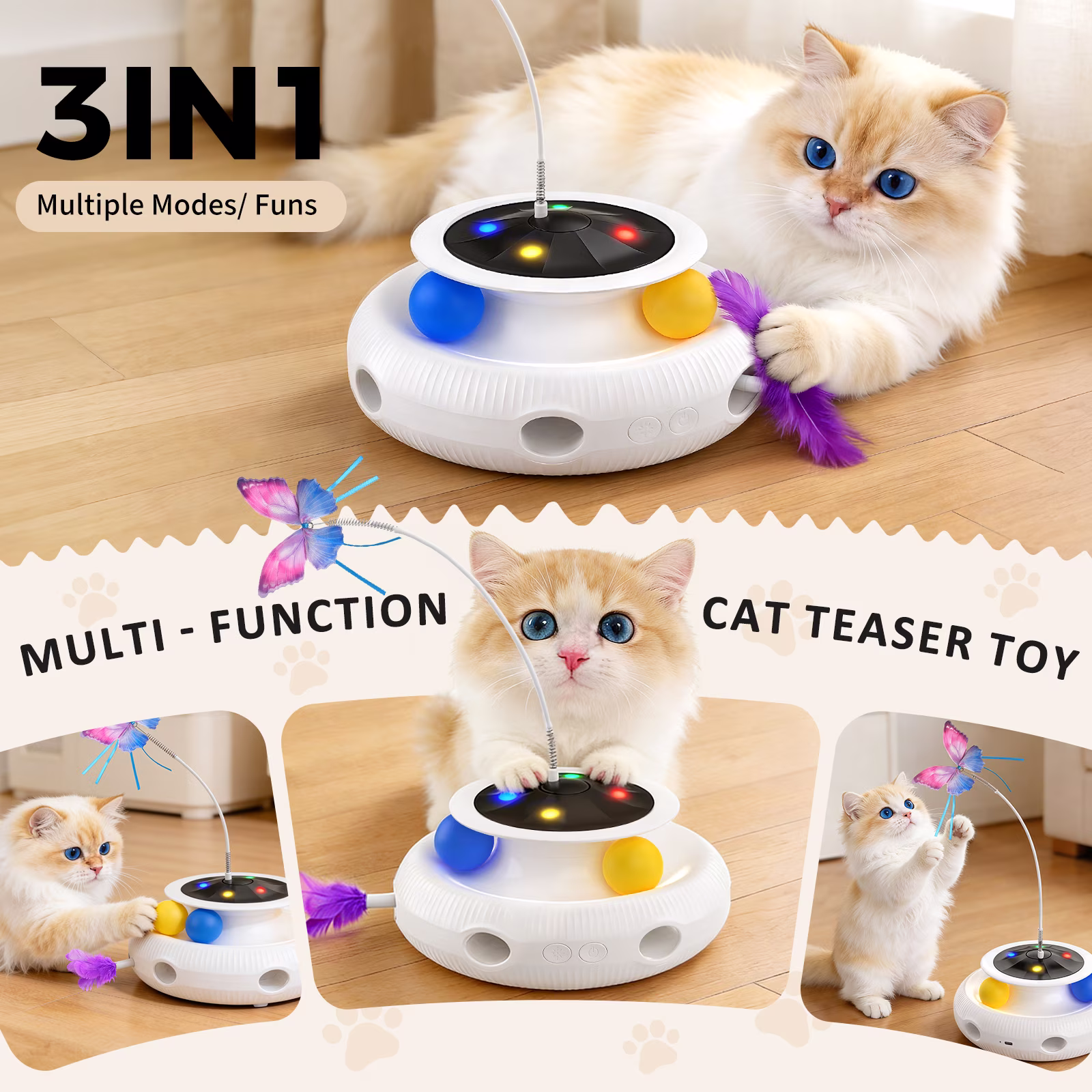 Three-in-one indoor interactive cat toy: Smart cat feather wand, USB rechargeable, White.