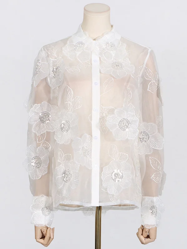 Elegant Embroidered Lapel Blouses & Shirts: Long Sleeves, Buttoned, See ...