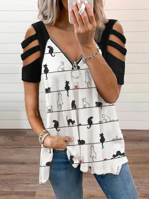 Cats Striped Contrast Color Hollow Shoulder T Shirt