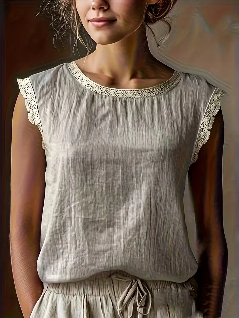 Solid Lace Trim Sleeveless Blouse