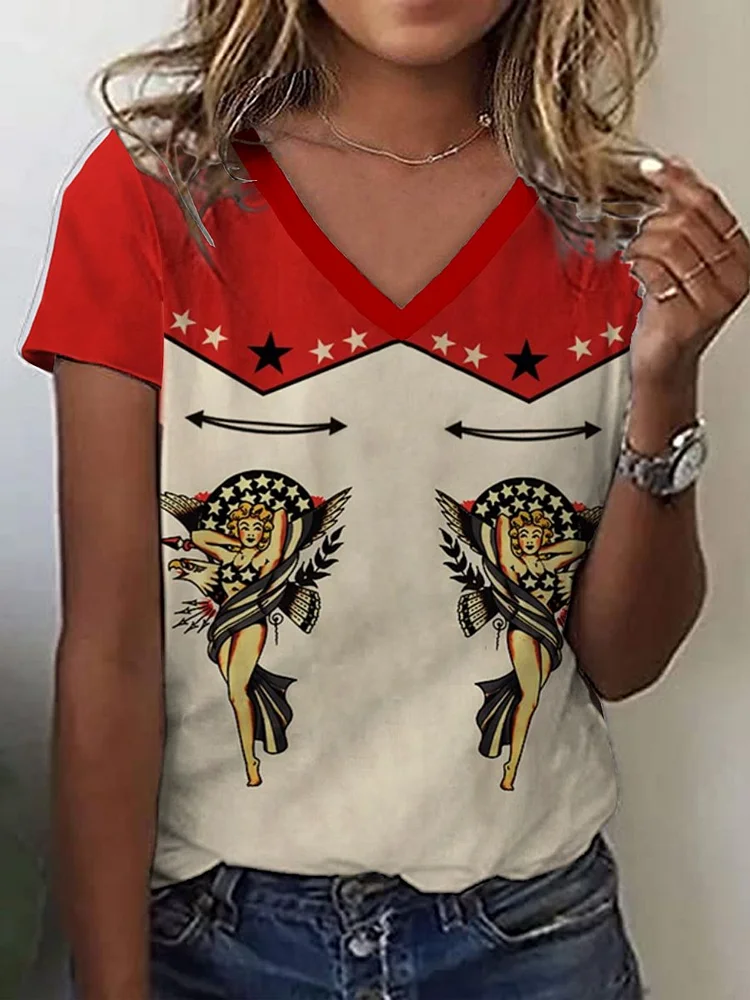 Women's Retro Western Mermaid Print Casual V-Neck Tee