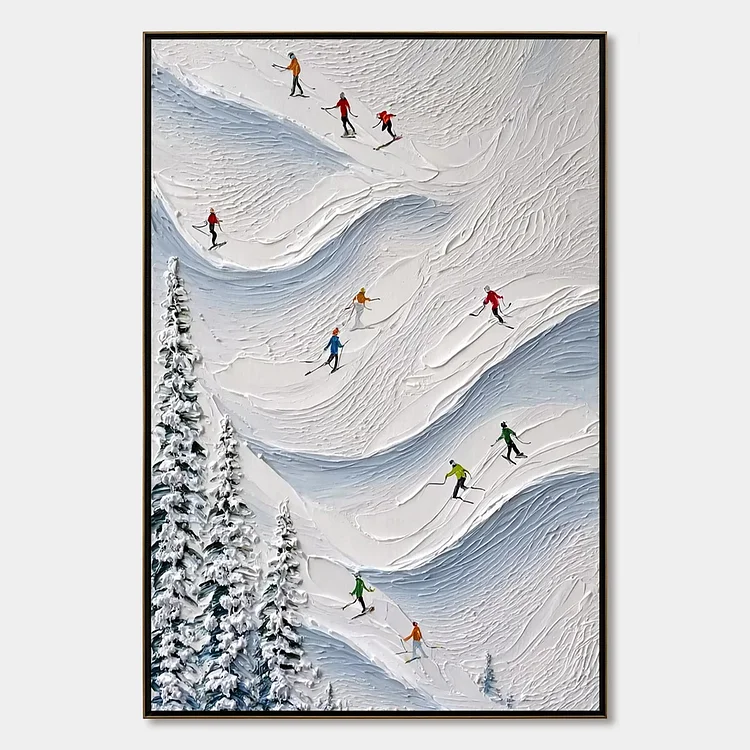 ALPINE RUSH: Textured Impasto Painting of Skiers on a Snowy Mountain（Canvas painting）