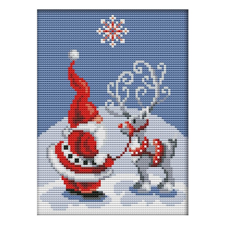 Joy Sunday - Santa Claus Elk - 14CT 2 Strands Threads Printed Cross Stitch Kit - 18x22cm(Canvas)