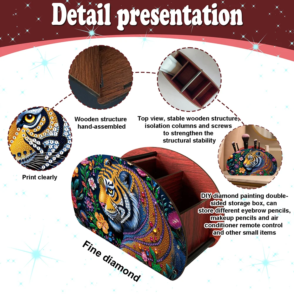 DIY Gem Tiger Design Wooden Diamond Painting Makeup Brush Storage Box Organizer