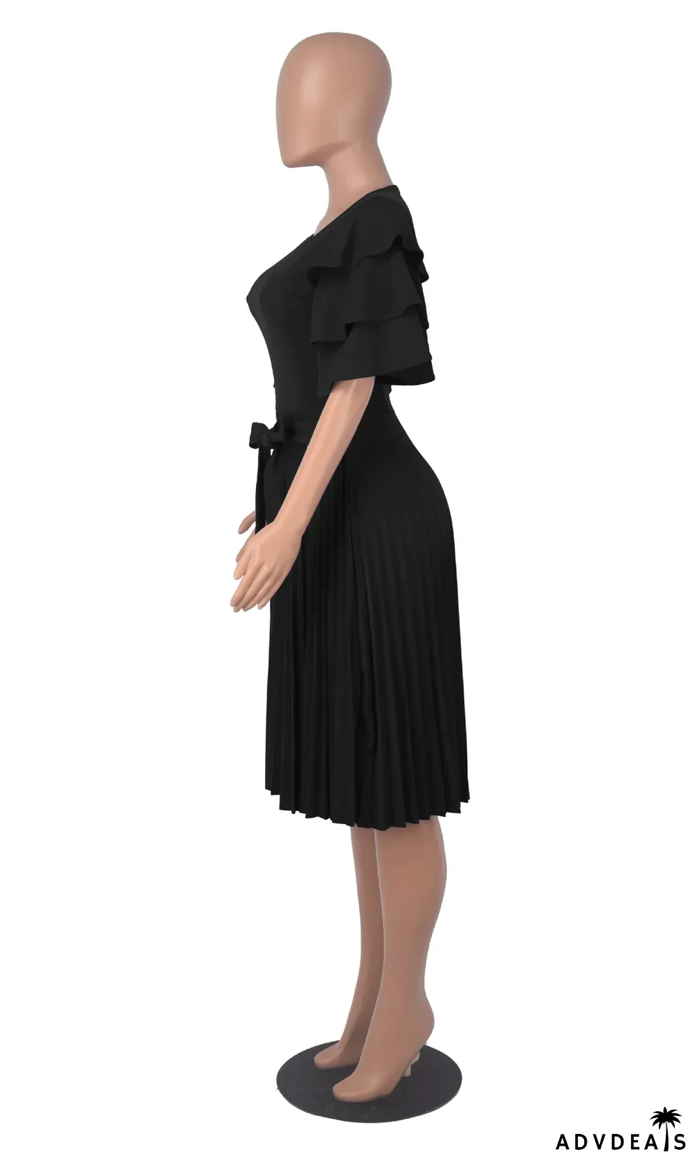 Summer Women Round Neck Ruffle Short Sleeve Pressed Pleated Dress