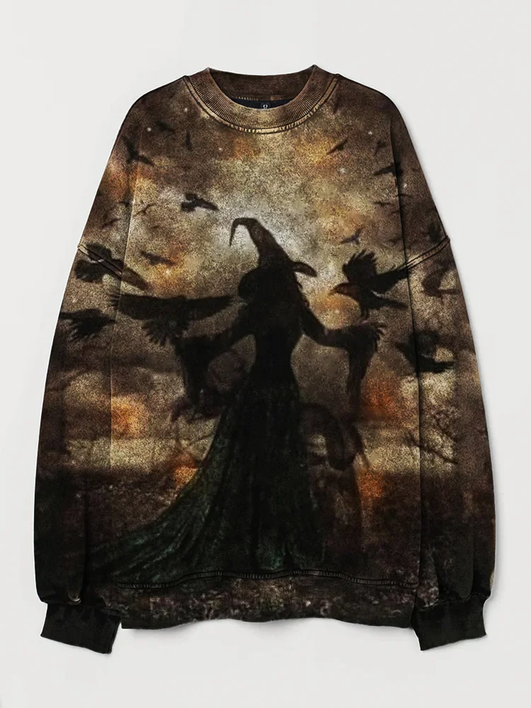 Broswear Halloween Witch & Ravens Art Washed Sweatshirt