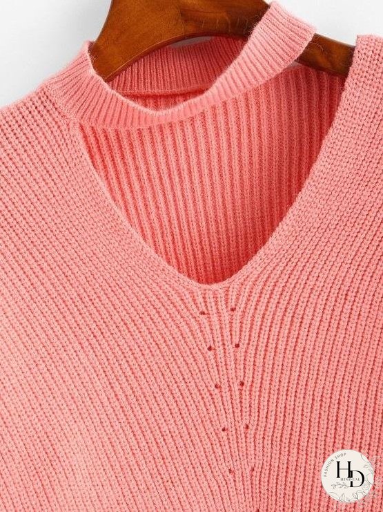 Drop Shoulder Choker Pointelle Knit Sweater for Women